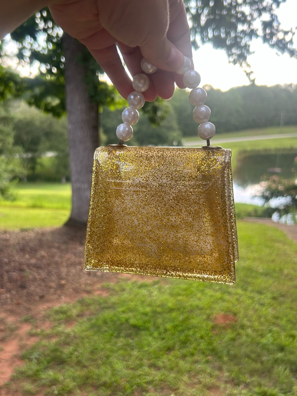 Gold Glitter Jelly Mini Top Handle Bag with Faux Pearl Handle - Picture 2 of 7